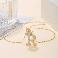 1PCS Fashionable Gold Diamond Crown Uppercase Letter Popular Pendant Necklace Suitable For Daily Use Festivals Parties Gifts Jewelry Set