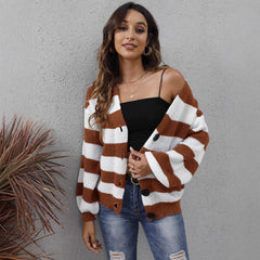 Women's Cardigan Striped Button Stitching Woven Sweater