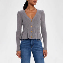 Button Ruffled Bell Sleeve Slim Fit Waist-controlled Slimming Top