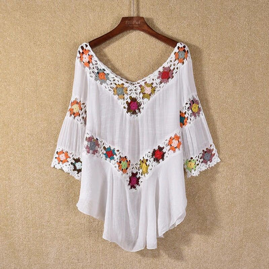 Amazon AliExpress Hot Selling Product Boho Hollow Out Hand Crocheting Flower Bikini Loose Beach Cover-up