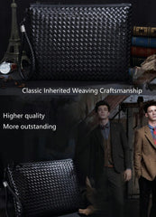 Men’s Black Woven Leather Clutch – Luxury Hand Strap Zip Pouch for Travel & Essentials