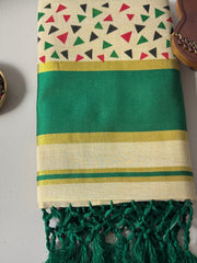 Traditional Kerala Cotton Onam Saree with Geometric Print & Green Kasavu Border S109