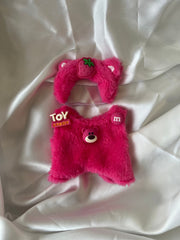 Labubu Berry Bear Outfit Set - Pink Fluffy Onesie & Strawberry Hood (17cm)