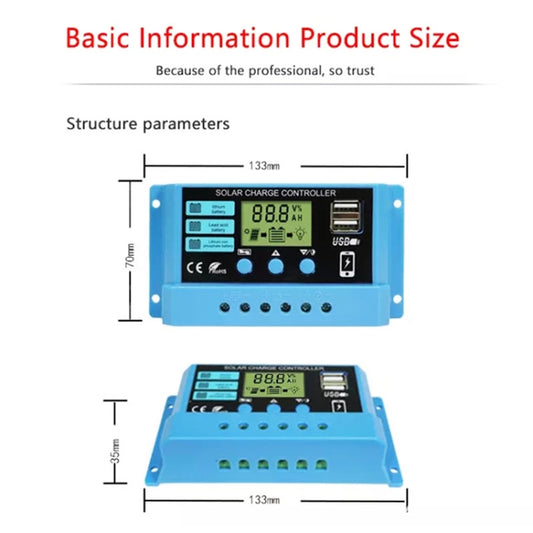 20A Solar Charge Controller 12V / 24V Lithium Lead-Acid Battery Charge Discharge PV Controller, 20A