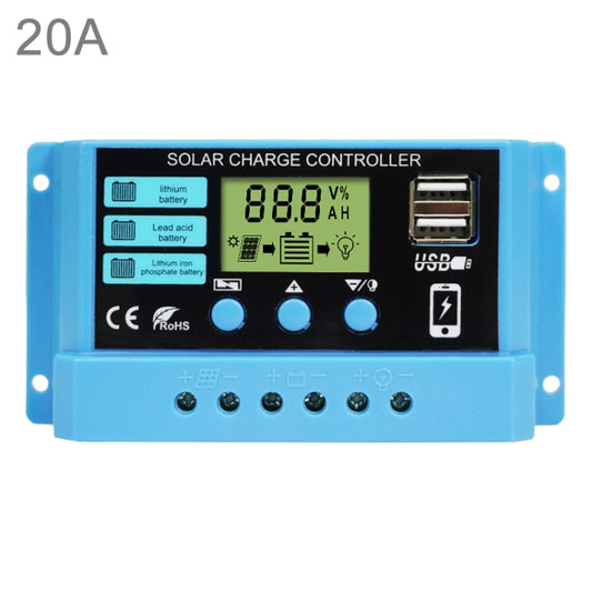 20A Solar Charge Controller 12V / 24V Lithium Lead-Acid Battery Charge Discharge PV Controller, 20A
