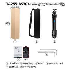 BEXIN TA255-BS30 Portable Collapsible Aluminum Alloy Camera Tripod with Head, TA255-BS30