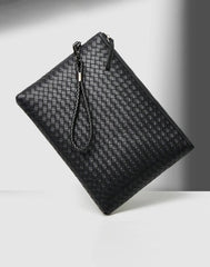 Men’s Black Woven Leather Clutch – Luxury Hand Strap Zip Pouch for Travel & Essentials