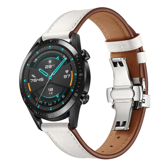 22mm Universal Butterfly Buckle Leather Replacement Strap Watchband, Silver Buckle