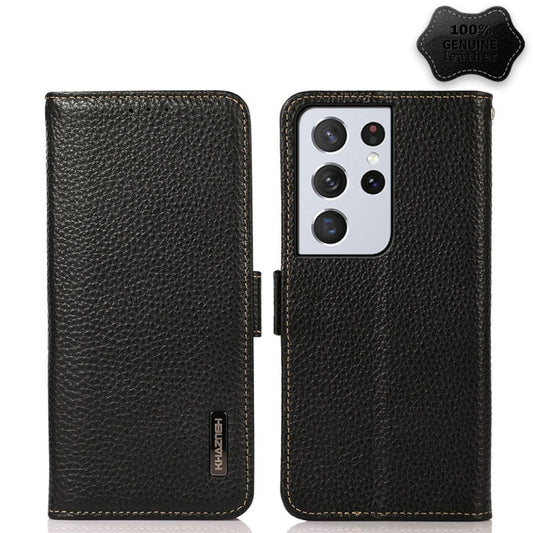 KHAZNEH Side-Magnetic Litchi Genuine Leather RFID Phone Case, For Samsung Galaxy S21 Ultra 5G, For Samsung Galaxy S22+ 5G, For Samsung Galaxy S22 5G, For Samsung Galaxy S22 Ultra 5G, For Samsung Galaxy Xcover 5, For Samsung Galaxy A03 164mm Version
