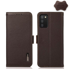 KHAZNEH Side-Magnetic Litchi Genuine Leather RFID Phone Case, For Samsung Galaxy A03 166mm Version, For Samsung Galaxy A03s 164mm Version, For Samsung Galaxy A13 4G, For Samsung Galaxy A13 5G, For Samsung Galaxy A33 5G, For Samsung Galaxy A53 5G