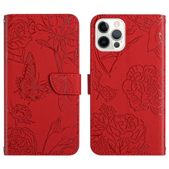 Skin Feel Butterfly Peony Embossed Leather Phone Case, For iPhone 14, For iPhone 14 Plus, For iPhone 14 Pro, For iPhone 14 Pro Max