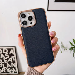Nano Electroplating Cross Texture Genuine Leather Phone Case, For iPhone 14 Pro Max, For iPhone 14 Pro, For iPhone 14, For iPhone 14 Plus, For iPhone 13 Pro Max, For iPhone 13 Pro