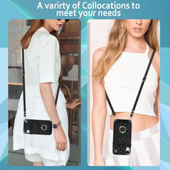 Rhombic Texture Card Bag Phone Case with Long Lanyard