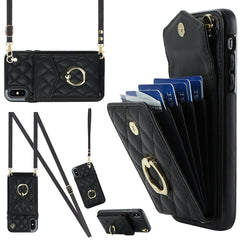 Rhombic Texture Card Bag Phone Case with Long Lanyard