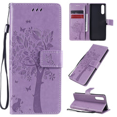 Tree & Cat Embossed Pattern Horizontal Flip Leather Case with Holder & Card Slots & Wallet & Lanyard, For Sony Xperia 10 II