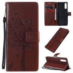 Tree & Cat Embossed Pattern Horizontal Flip Leather Case with Holder & Card Slots & Wallet & Lanyard, For Sony Xperia 10 II