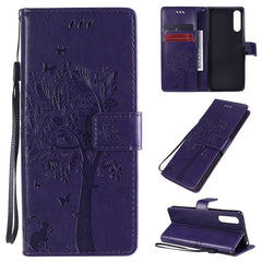 Tree & Cat Embossed Pattern Horizontal Flip Leather Case with Holder & Card Slots & Wallet & Lanyard, For Sony Xperia 10 II