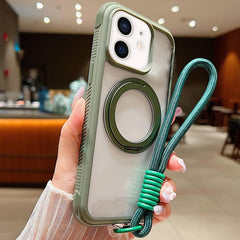 Solid Color Edge Transparency Rotation Holder MagSafe Phone Case with Wrist Strap