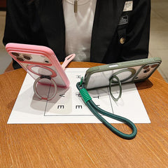 Solid Color Edge Transparency Rotation Holder MagSafe Phone Case with Wrist Strap