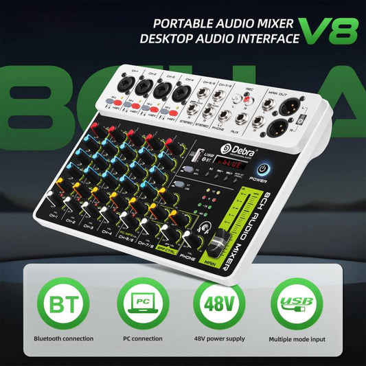 DEBRA V8 8-Channels Audio Mixer Live Recording Reverb