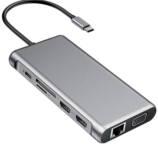 12 in 1 HDMI x2 + USB3.0 + USB2.0 + PD Charging + VGA + RJ45 + 3.5mm Jack + TF/SD x2 Type-C / USB-C HUB Docking Station