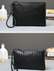 Men’s Black Woven Leather Clutch – Luxury Hand Strap Zip Pouch for Travel & Essentials