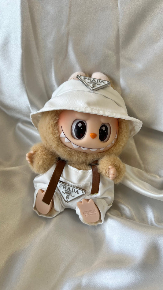 Labubu Designer-Inspired Bucket Hat and Overalls Set - White