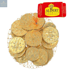 Gold foiled UK milk chocolate coins in net