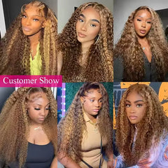 4/27 Highlight Ombre Honey Blonde Kinky Curly 13x4 HD Transparent Lace Front Wigs for Black Women Brazilian Human Hair Wig