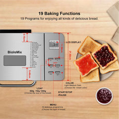 BioloMix Stainless Steel 19-in-1 Automatic Bread Maker,650W Programmable Bread Machine with 3 Loaf Sizes Fruit Nut Dispenser