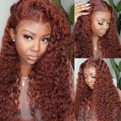 13x4 Reddish Brown Deep Wave Curly Wig Human Hair Hd Full Lace Front Wig Raw Hair hd Lace Frontal Wig for Black Women