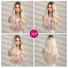 26-Inch Straight Hair Wig Loose Wave Ombre Blonde Gradient Gold Pick Pink Long Curly High-Temperature Fiber Styles Women