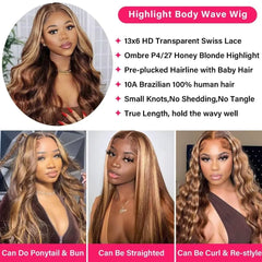 13x4 Highlight P4/27 Body Wave Lace Frontal Human Hair Wig Honey Blonde Colored 13x6 HD Lace Front Wigs for Women Pre Plucked
