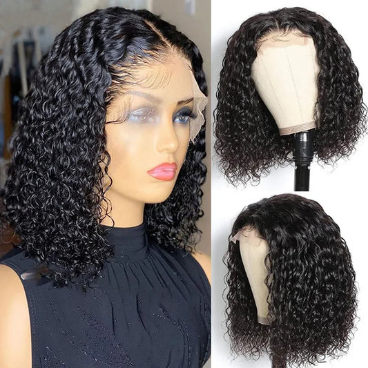 10-16 Inch Water Wave Curly Short Bob Style 13x4 4x4 Frontal Lace Hair Wig Natural Real Brazilian Human Hair Women's Wig