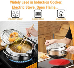 LMETJMA Japanese Deep Frying Pot with a Thermometer and a Lid 304 Stainless Steel Kitchen Tempura Fryer Pan 20 24 cm KC0405