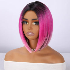 Wholesale Dark Hair Root Short pink Layered Gradient Synthetic Hair Wig Straight Hair Without Bangs Bangs Natural Appearance 539