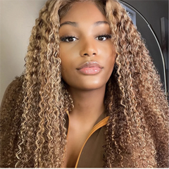 4/27 Highlight Ombre Honey Blonde Kinky Curly 13x4 HD Transparent Lace Front Wigs for Black Women Brazilian Human Hair Wig