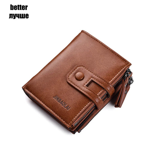 2024 Men Wallets Short PU Leather Double Zipper Hasp Men Purses Card Holder Coin Pocket Vintage High Quality Brand Men Wallets