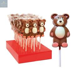 Hand decorated chocolate teddy bear lollipops in display