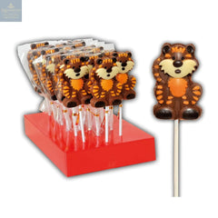 Hand decorated chocolate tiger lollipops in display
