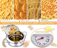 LMETJMA Japanese Deep Frying Pot with a Thermometer and a Lid 304 Stainless Steel Kitchen Tempura Fryer Pan 20 24 cm KC0405