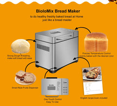 BioloMix Stainless Steel 19-in-1 Automatic Bread Maker,650W Programmable Bread Machine with 3 Loaf Sizes Fruit Nut Dispenser