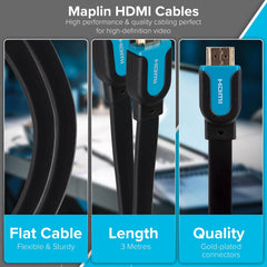 Maplin Flat HDMI to HDMI 4K Ultra HD Cable with Gold Connectors - Black, 3m