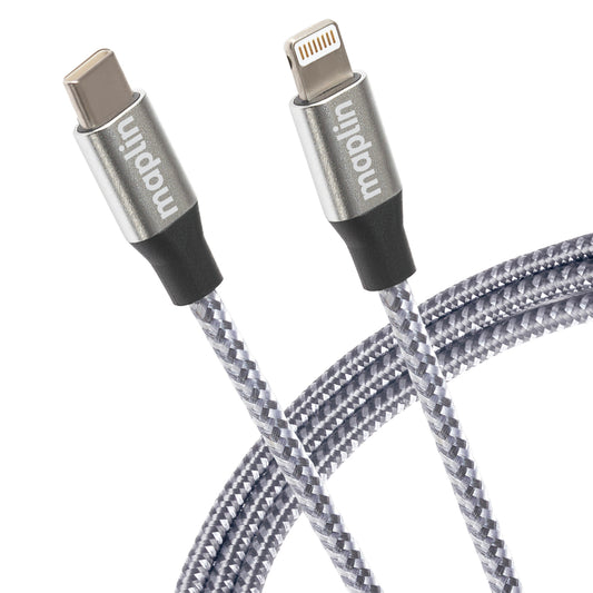 Maplin Lightning to USB-C 20W High Speed Braided Cable - Silver, 3m
