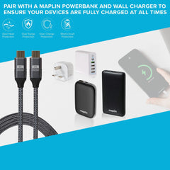 Maplin Pro USB-C to USB-C Gen2 100W 20Gbps Power Delivery Super Speed Data Transfer & Charging Braided Cable - Silver, 3m