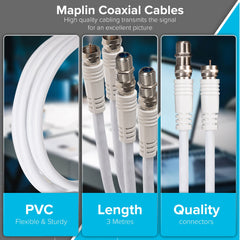 Maplin Satellite Extension Cable Coaxial Twin F Type Male to Twin F Type Female - White, 3m