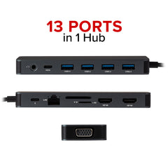 Nikkai USB-C Multiport Hub to 2x USB-C / 4x USB-A / 2x HDMI / Gigabit RJ45 / VGA / SD / Aux - Silver