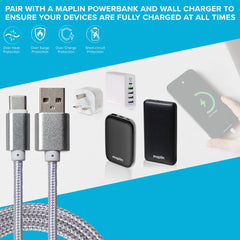 Maplin USB-C to USB-A Braided Cable - Silver, 0.25m