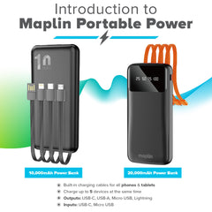 Maplin 20000mAh Portable Power Bank with Integrated USB-C, Micro USB & Lightning Cables