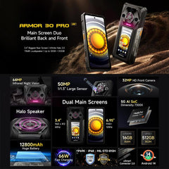 Ulefone Armor 30 Pro Rugged Phone, 16GB+512GB, Night Vision, 6.95 inch + 3.4 inch Dual Screen Android 14 MediaTek Dimensity 7300X Octa Core, Network: 5G, OTG, NFC
